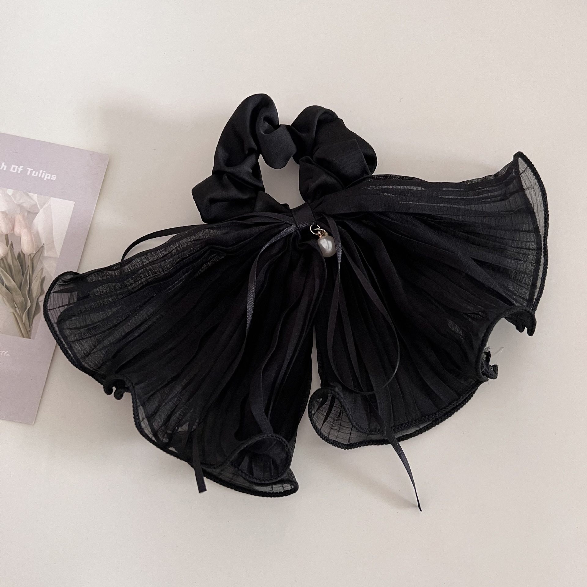 Women's French Double Layer Tulle Hair Tie Pearl Bowknot Black White