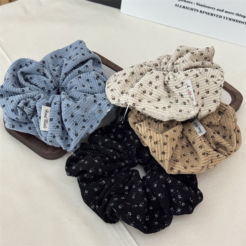 Women's Fall Winter Corduroy Hair Tie Scrunchie Khaki Ditsy Floral
