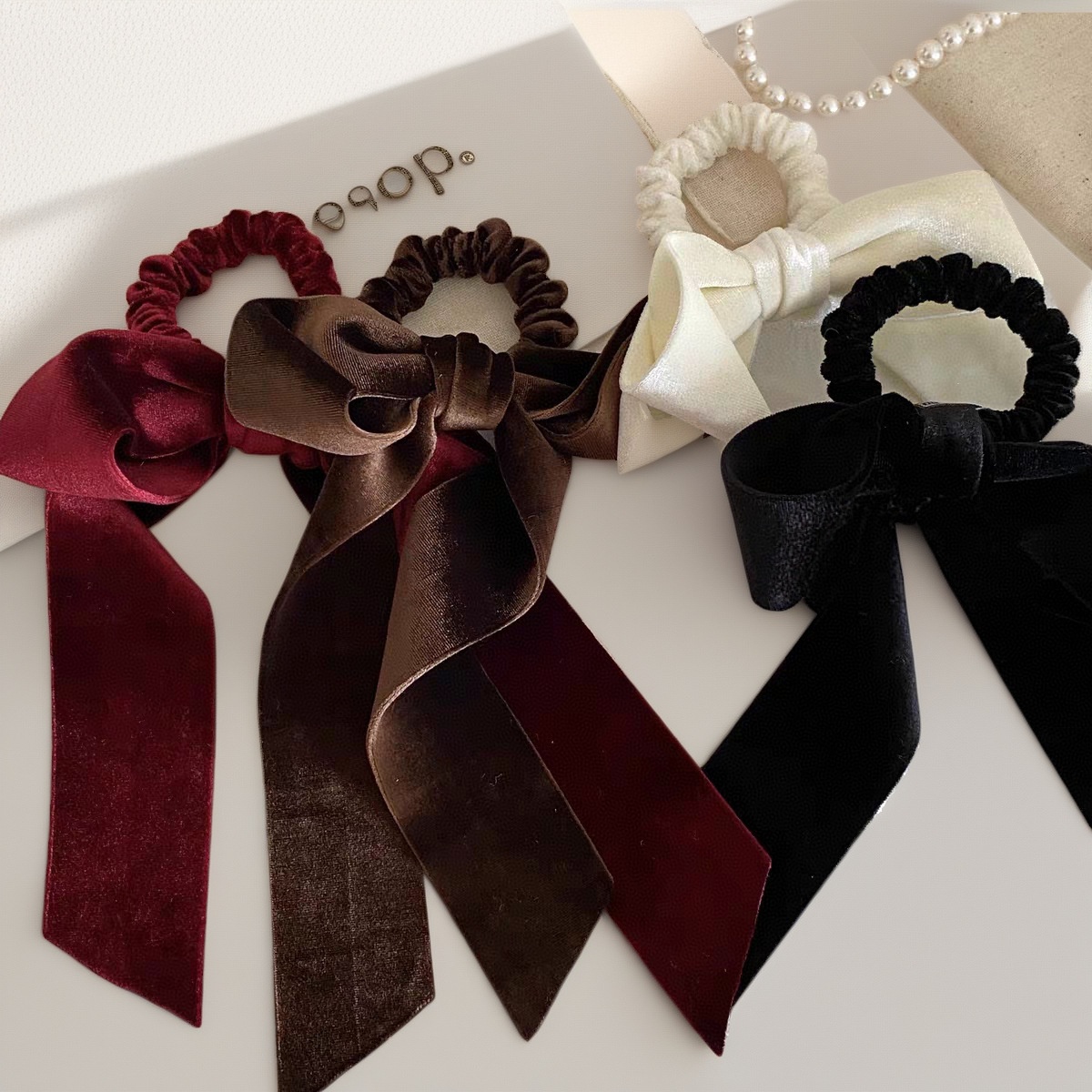 Women's Elegant Velvet Bow Ribbon Ponytail Hair Tie Solid Burgundy