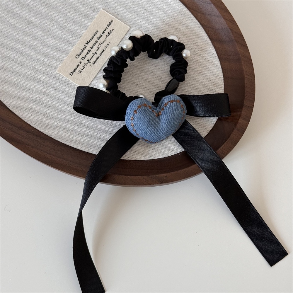 Women's Retro Denim Hair Tie Summer Accessory Pearl Heart Bow Knot