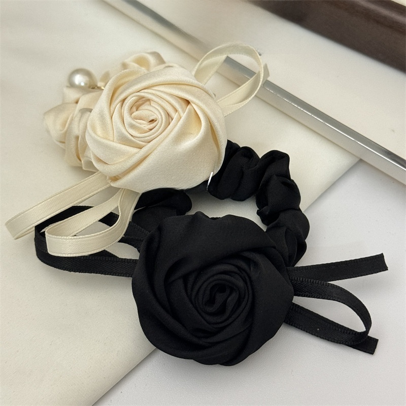 Women's Stylish Cloth Hair Tie For Daily Wear Beige Rose Bow Knot
