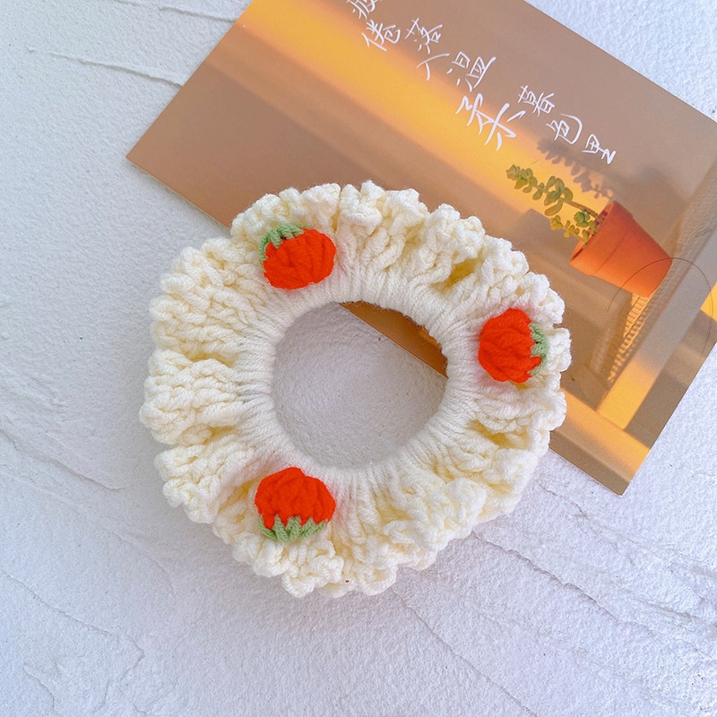 Women Girls Winter Wool Knitted Bow Hair Tie Creamy Strawberry