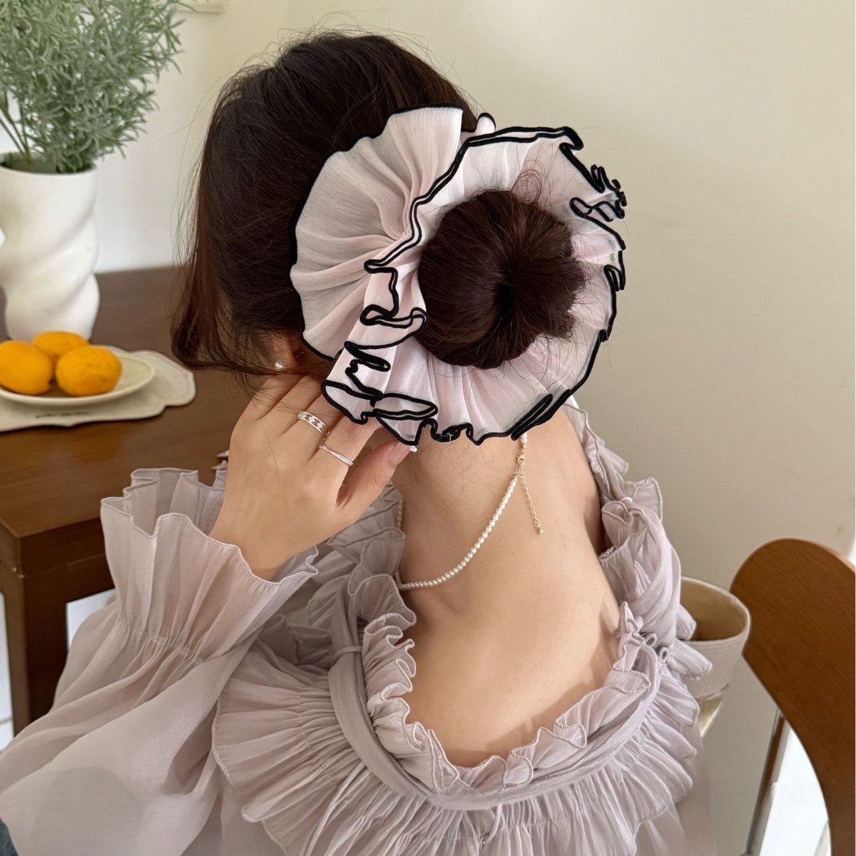 Women Soft Cloth Hair Tie Stylish Ponytail Holder Light Purple Beige