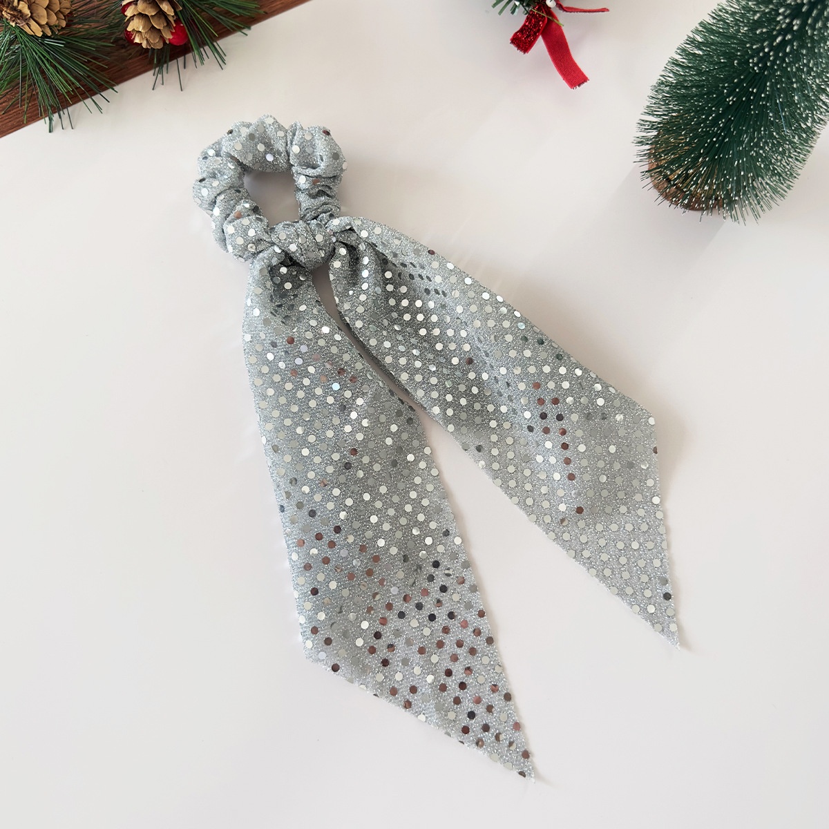 Women's Sweet Party Mesh Bowknot Ponytail Holder Hair Tie Sequin Polka Dot