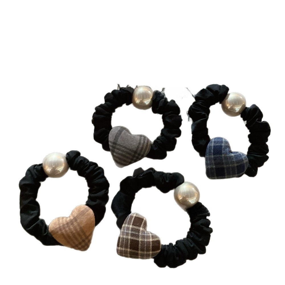 Women's Autumn Winter High Elastic Pearl Fabric Hair Ties Plaid Heart
