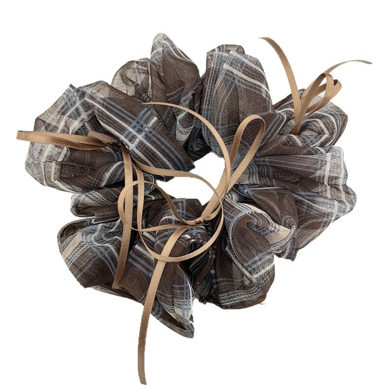 Women's Soft Gauze Bowknot Hair Tie For Daily Wear Coffee Plaid