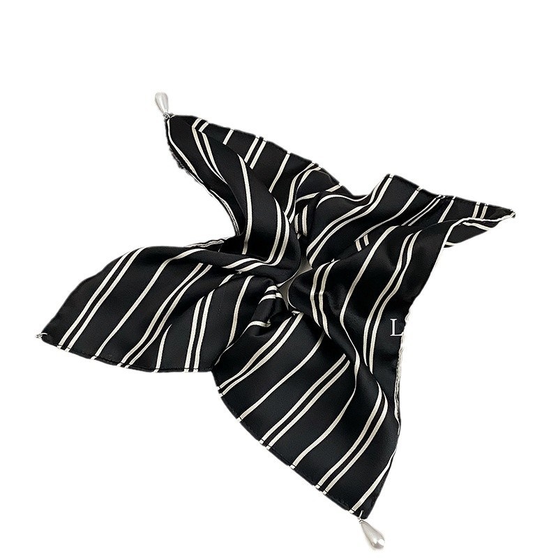 Women's All-Season Soft Satin Pearl Hair Tie Striped Beige Black