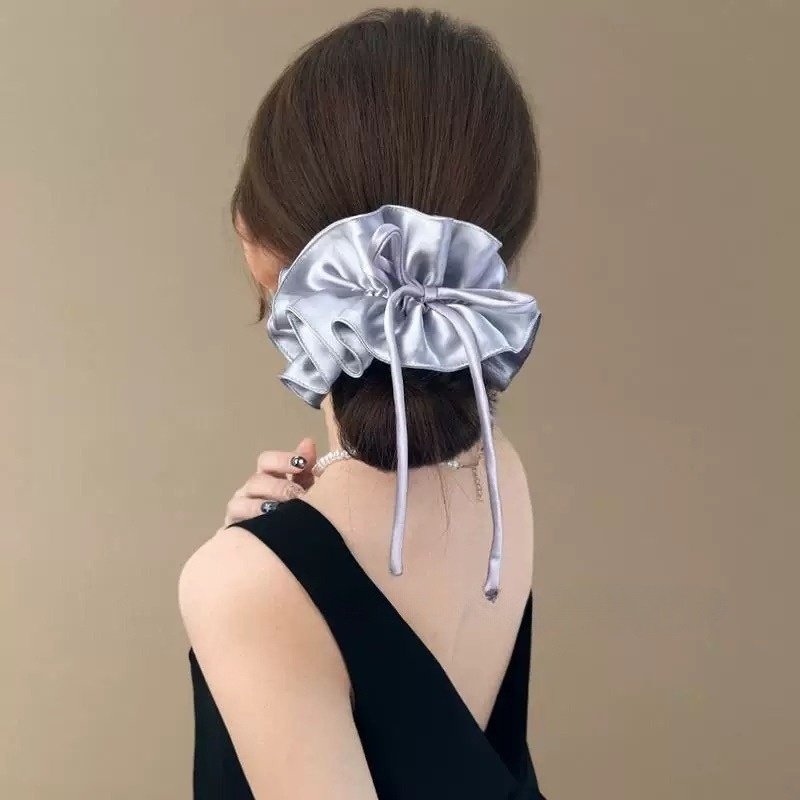 Ladies Double Layer Satin Elastic Ponytail Hair Scarf Bow Knot
