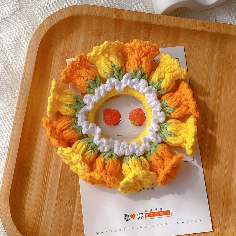 Women's Handmade Knitted Yarn Scrunchie Bellflower Bowknot Hair Tie