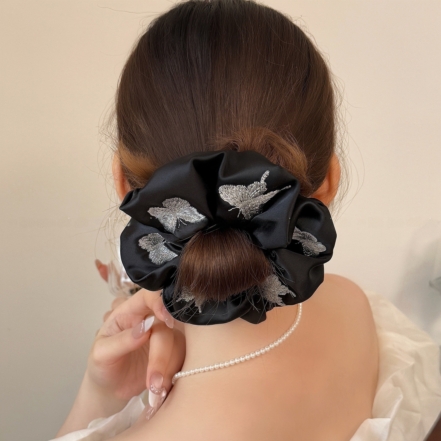 Women's All Season Satin Hair Tie Black Silver Butterfly Embroidery