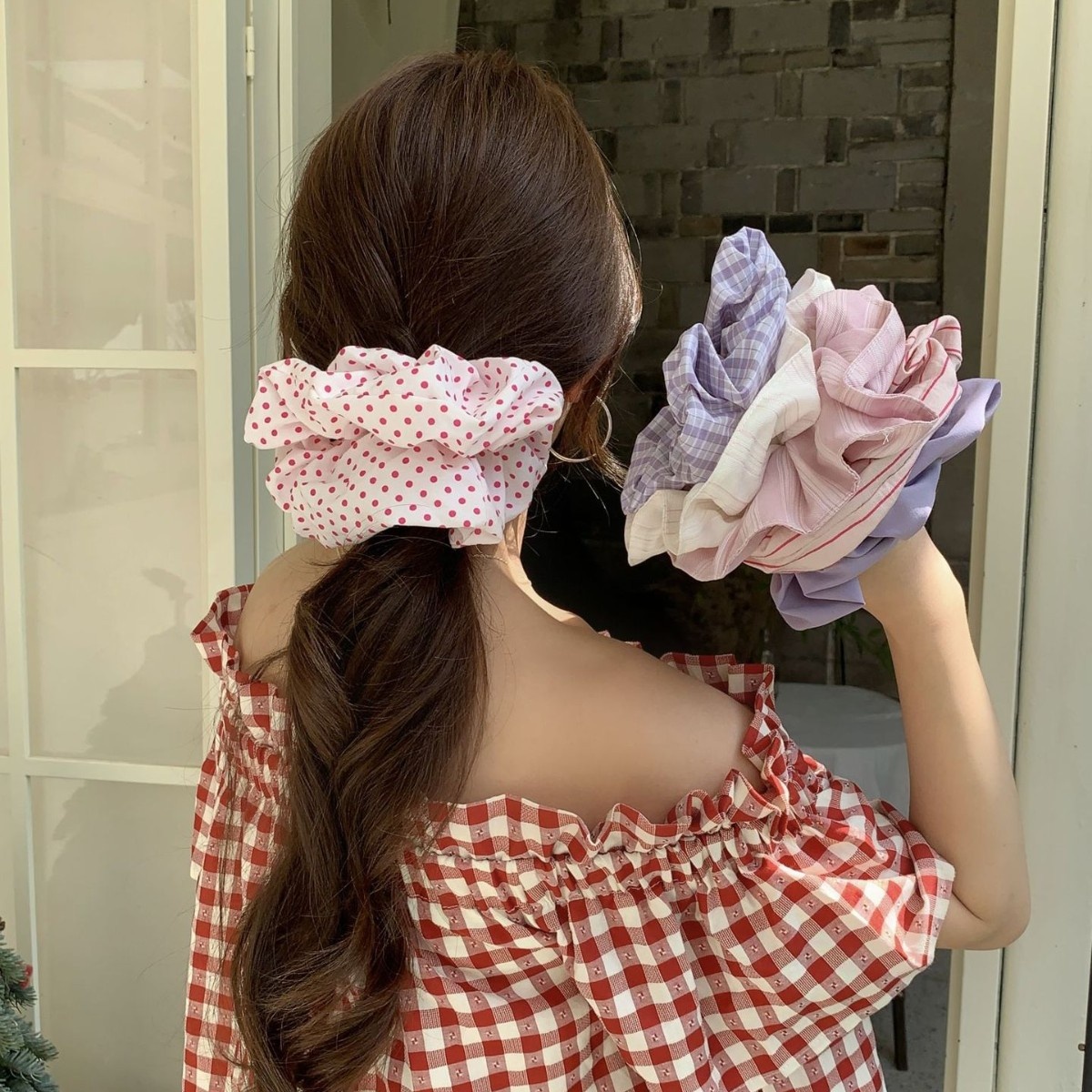 Women's Sweet Purple Plaid Cloth Hair Rope for Summer Bubble Braids