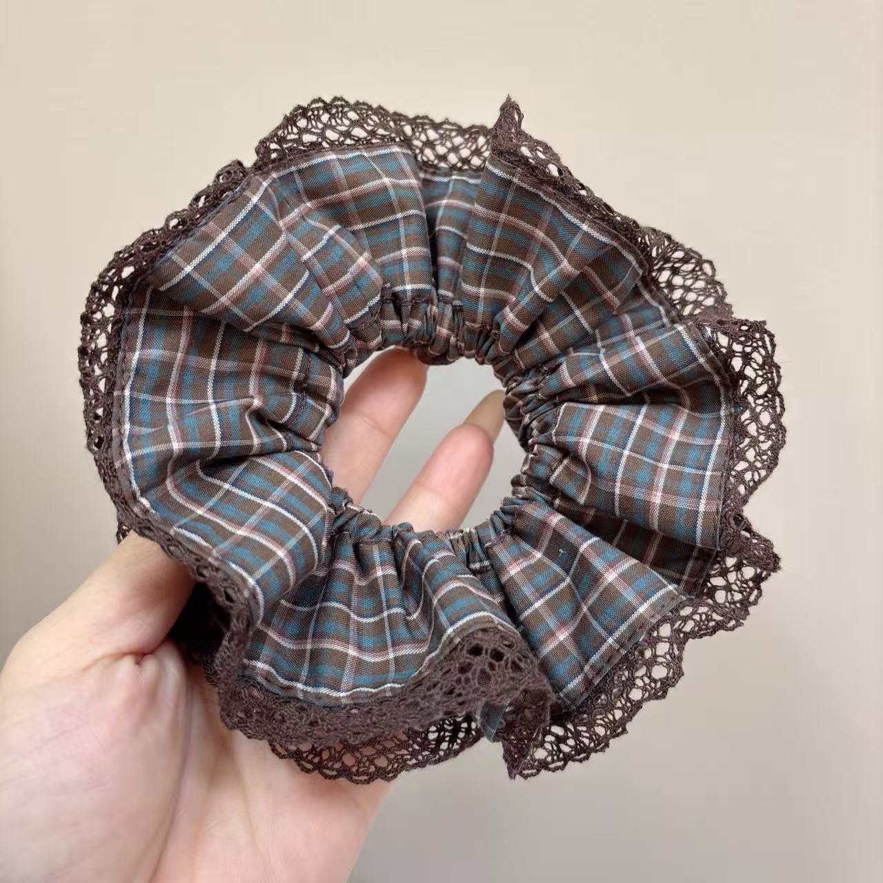 Women's Spring Cloth Hair Tie Scrunchie Coffee British Plaid Lace