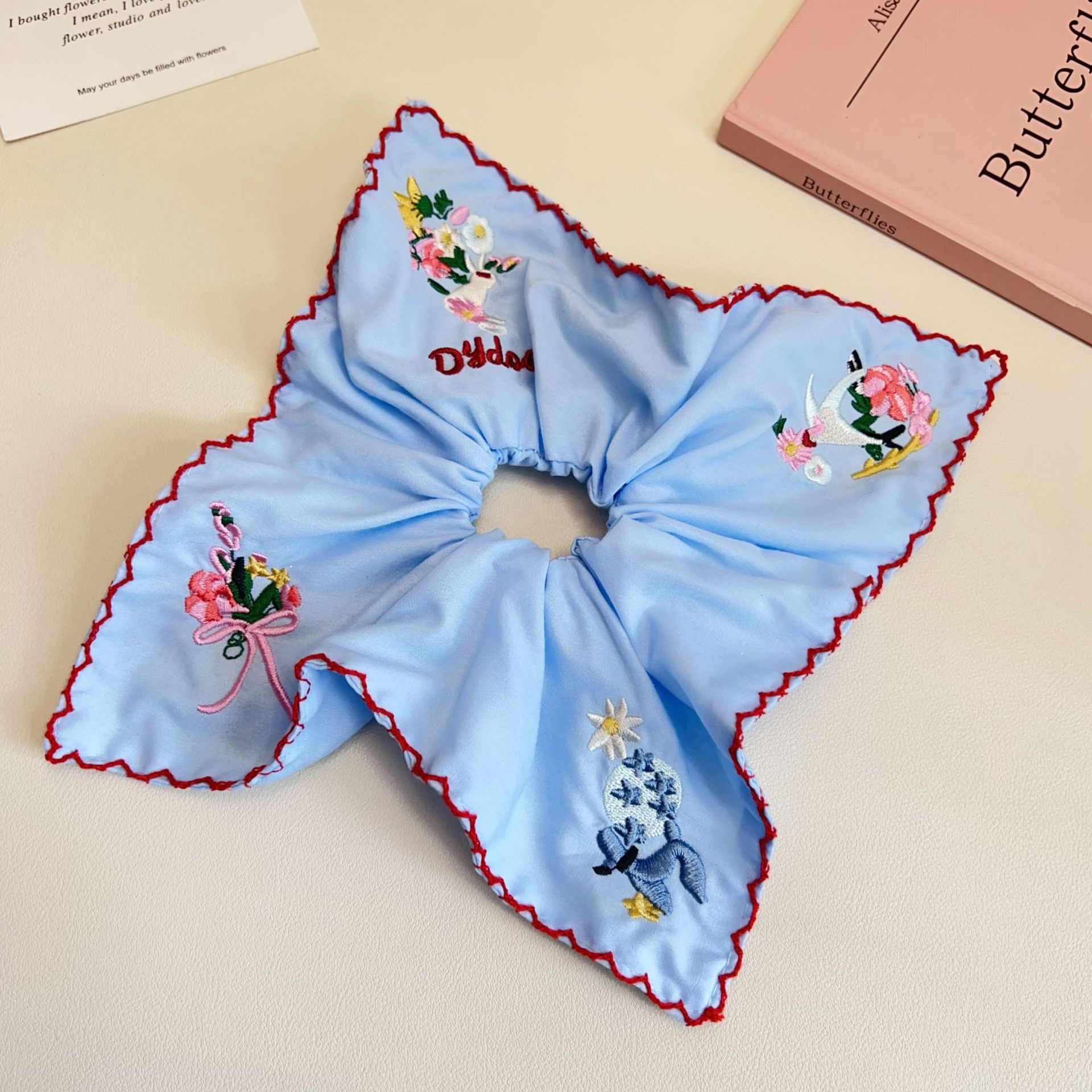 Women's Everyday Cloth Scrunchie Hair Tie Blue Embroidered Rabbit