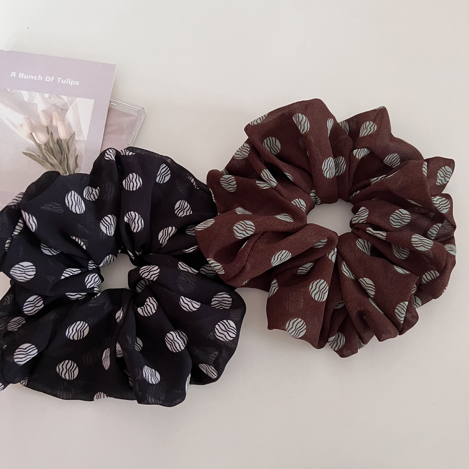 Women's Vintage Cloth Hair Tie For Ponytails Brown Polka Dot
