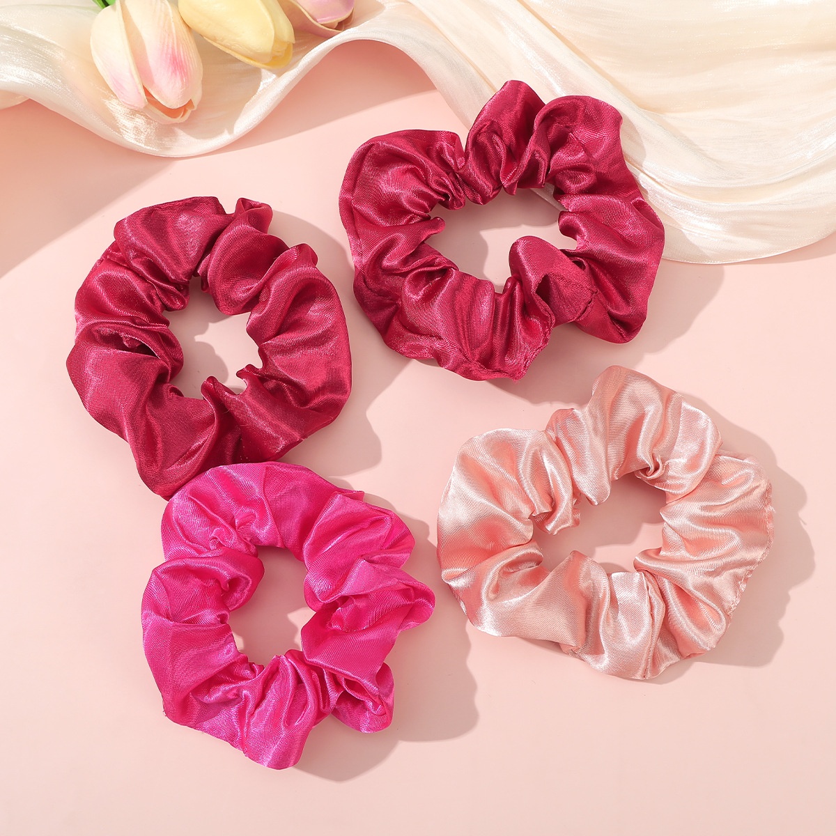 Women's Elegant Satin Scrunchie Winter Hair Accessory Solid Pink