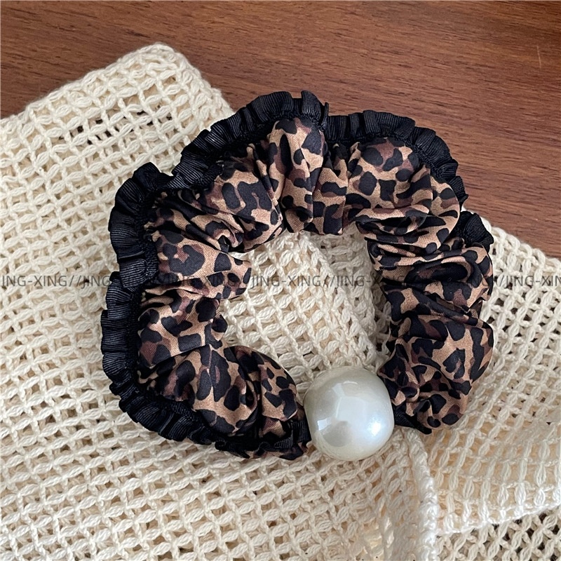 Women's Retro Lace Leopard Print Pearl Beaded Pleated Elastic Hair Ties