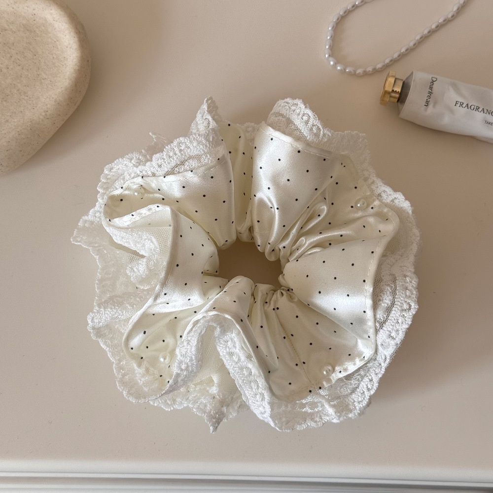 Women's Sweet Spring Satin Lace Hair Tie Scrunchie Beige Polka Dots