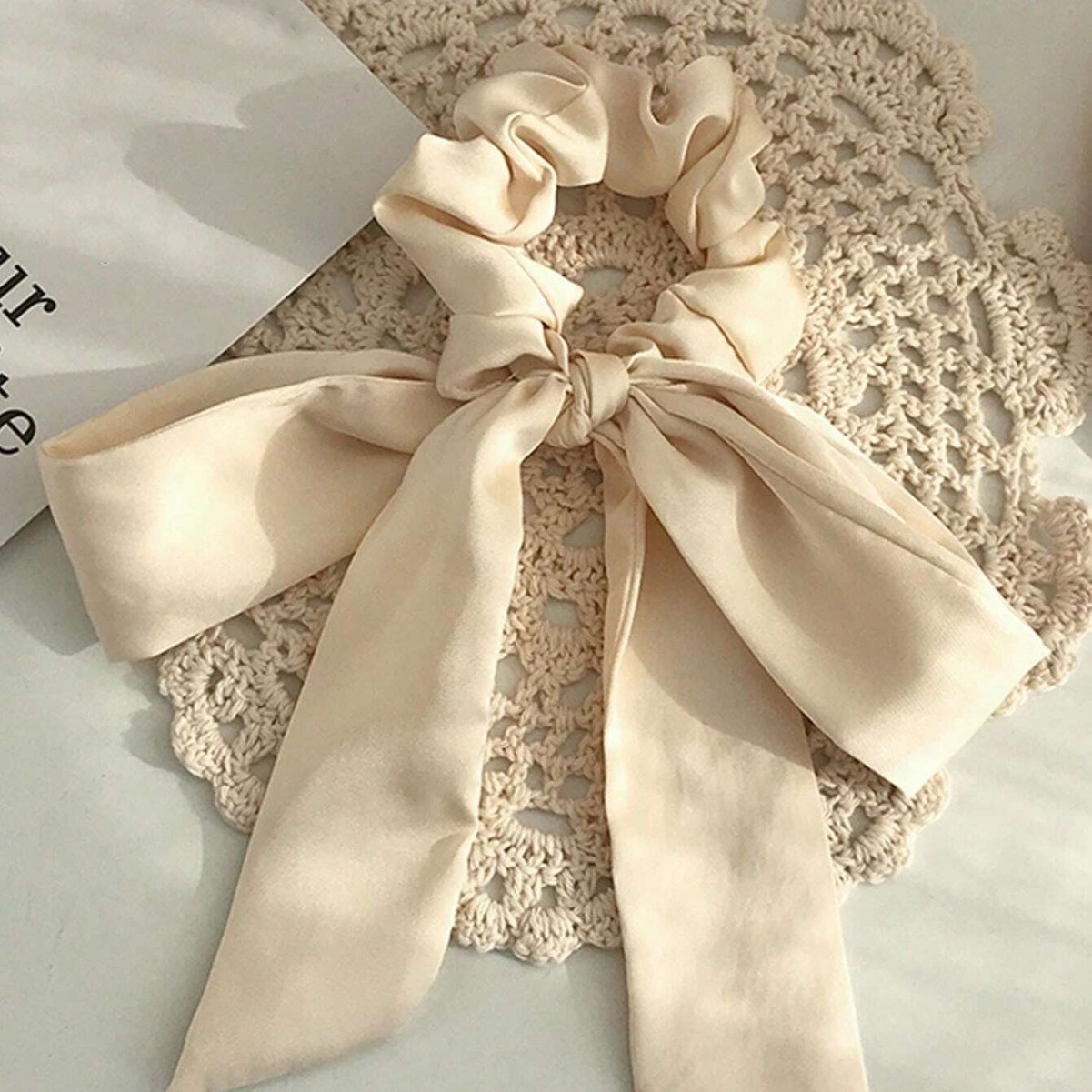 Women Girls French Polka Dot Bow Hair Scarf Fabric Ponytail Holder Tie