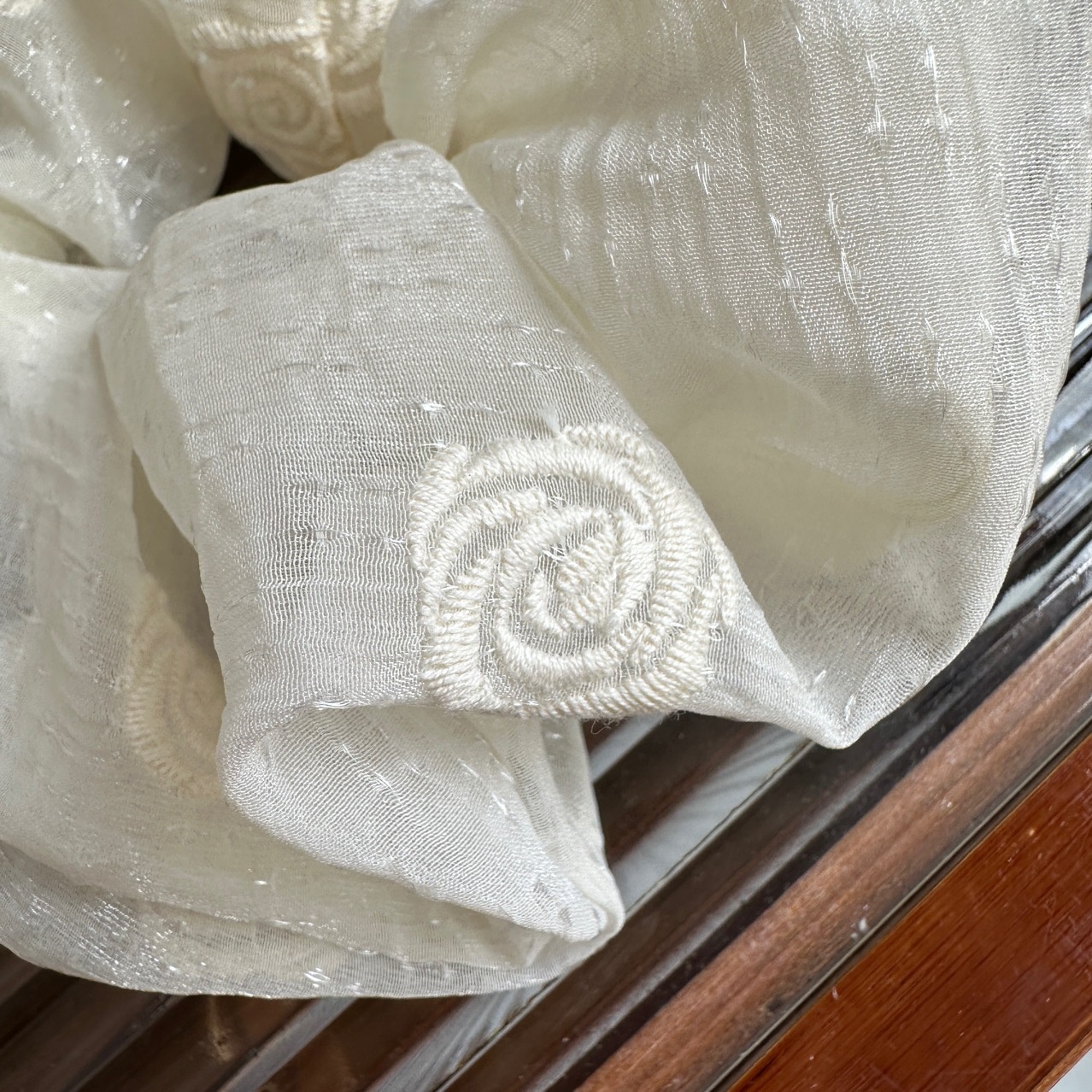 Women's Elegant Beige Gauze Hair Tie with Delicate Rose Embroidery