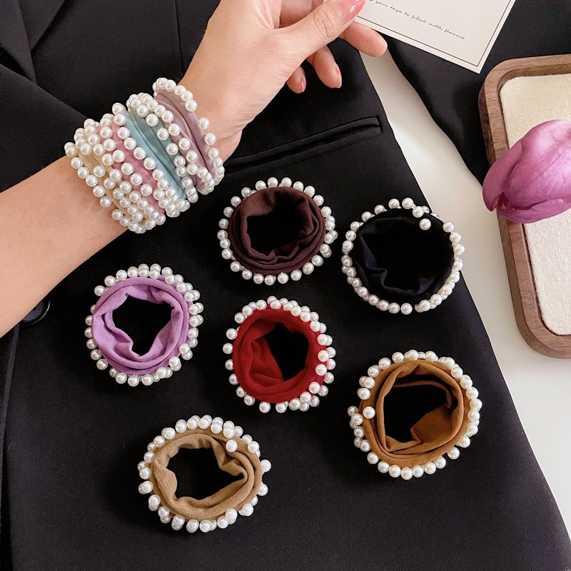 Women's Stylish Pearl Cloth Hair Tie Commute Scrunchie Solid Colors