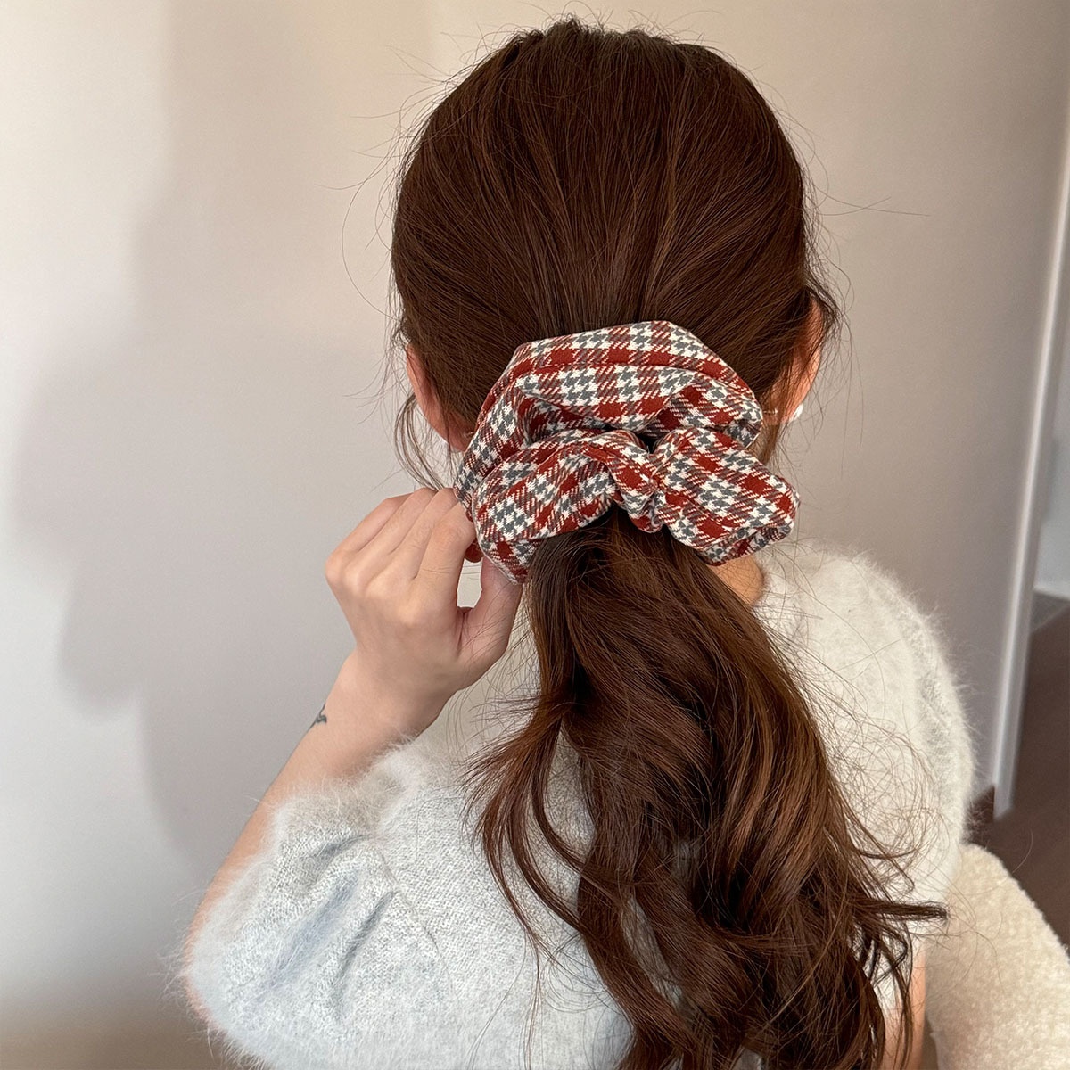 Women Girls Large Elastic Hair Scrunchie Forest Style Red Plaid Tie