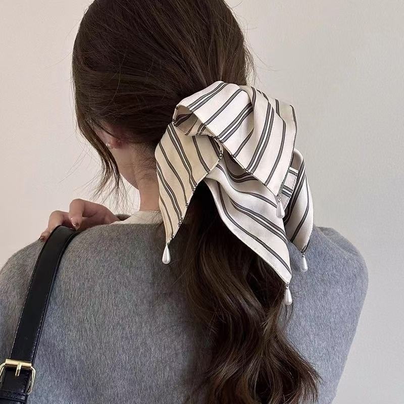 Women's Daily Satin Scarf Elastic Hair Tie Black White Stripes