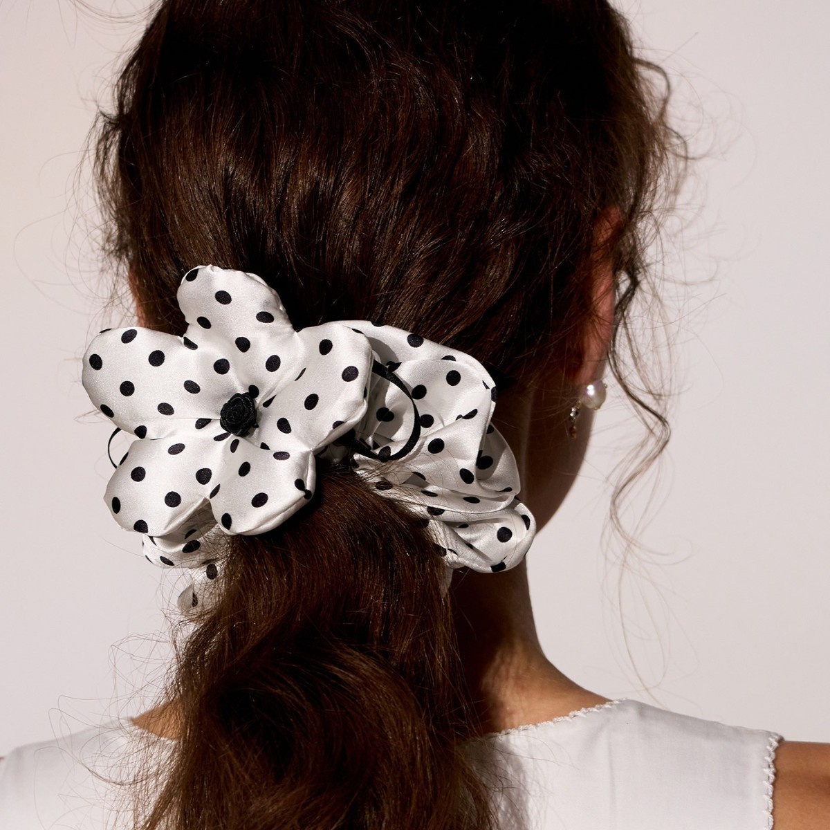 Girls Spring Satin Telephone Cord Hair Tie White And Black Polka Dots