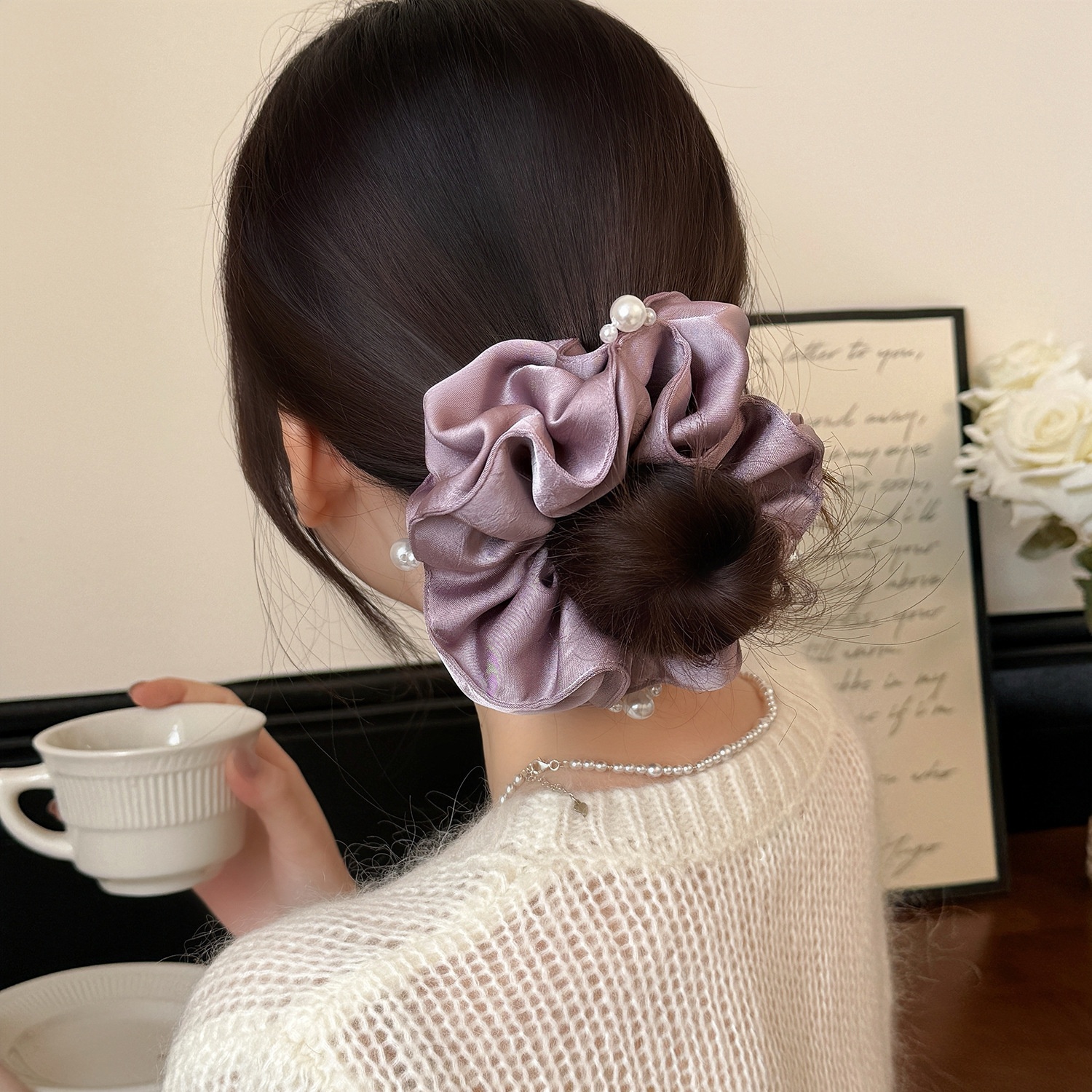 Women's Elegant Satin Pearl Pleated Flower Hair Tie Elastic Bun Band