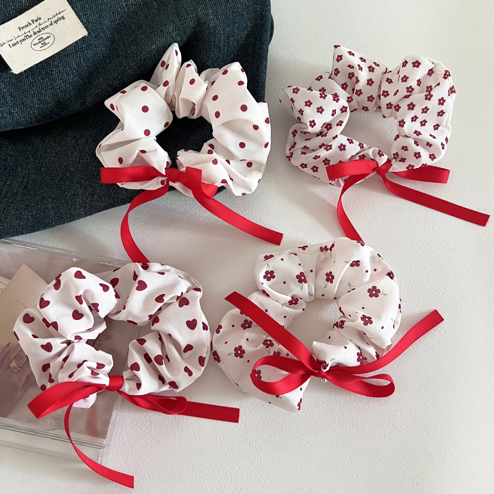 Women's Cloth Bowknot Hair Tie White Red Ditsy Floral Heart Print