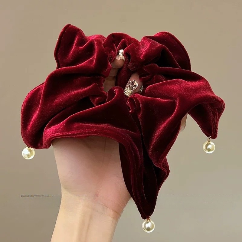 Women Pearl Velvet Scarf Hair Tie Braid Accessory Solid Color