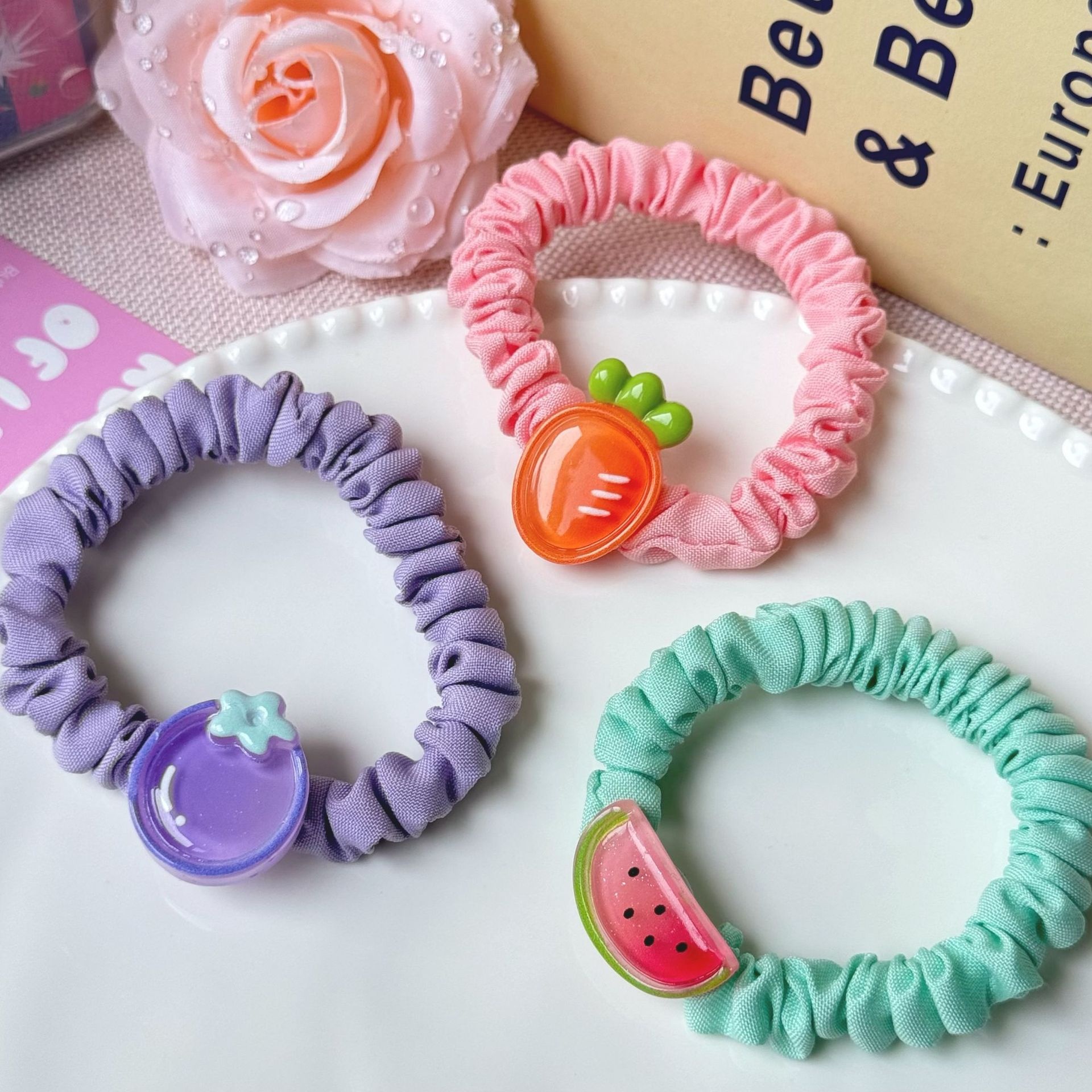 Girls High Elastic Resin Scrunchie Hair Tie Transparent Rose Red Fruit