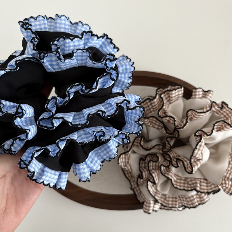 Women's Ballet Style Cloth Bun Hair Ties Multi-Layer Plaid Ruffle