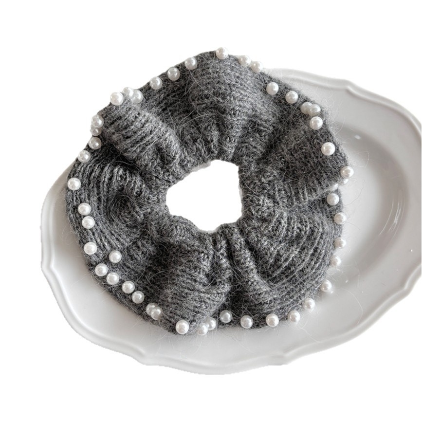 Women's Soft Knitted Pearl Edge Flower Hairband Elegant Grey Winter Wrap