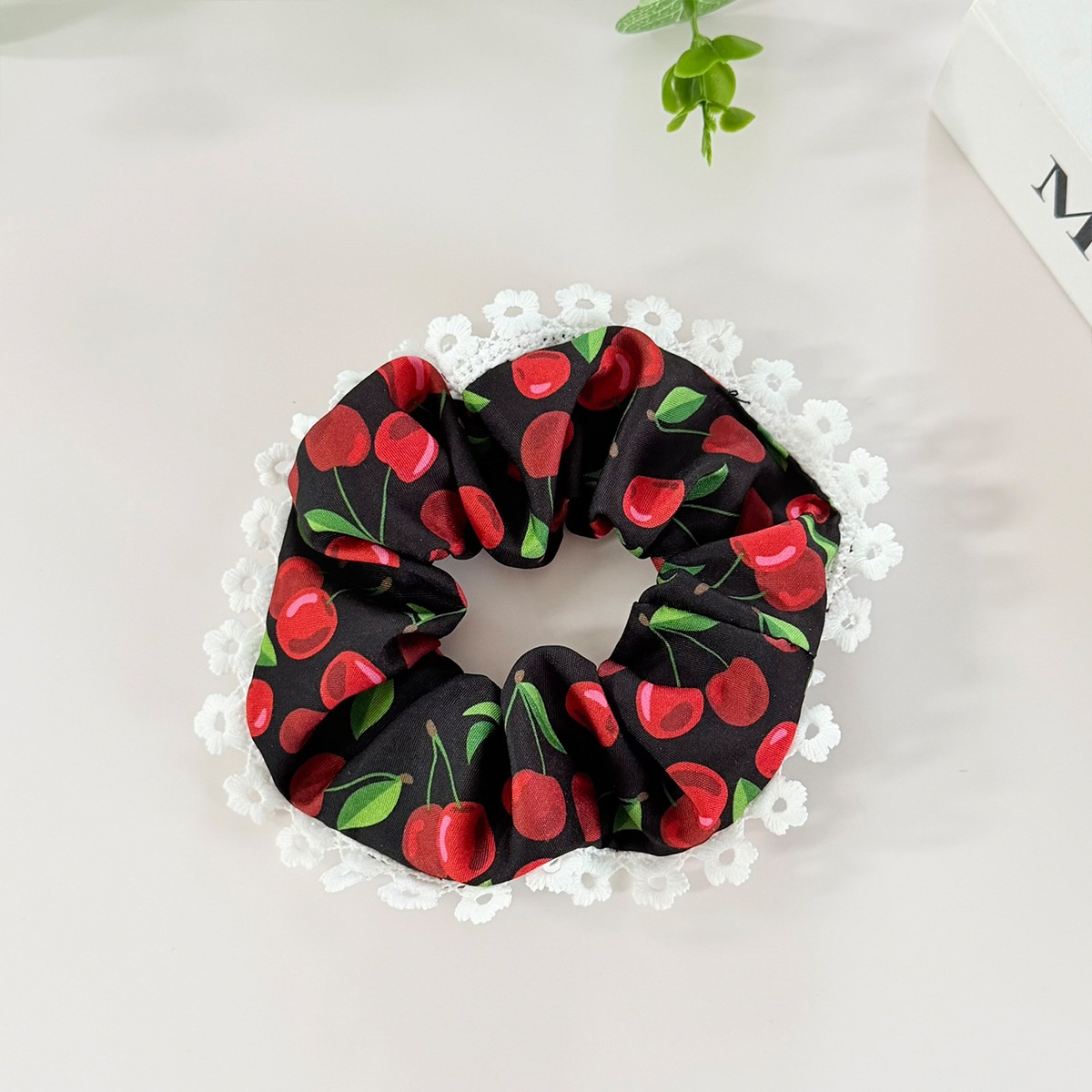 Women's Elegant Lace Cloth Hair Tie For Stylish Looks Cherry Pattern White