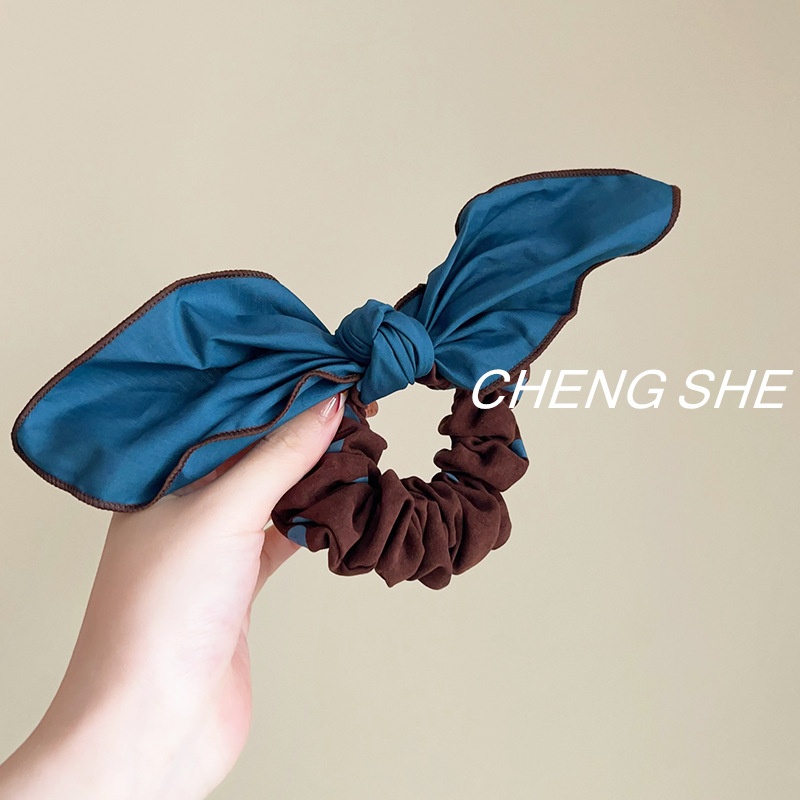 Women's Sweet Fabric Sponge Butterfly Bow Hair Tie Blue Polka Dot