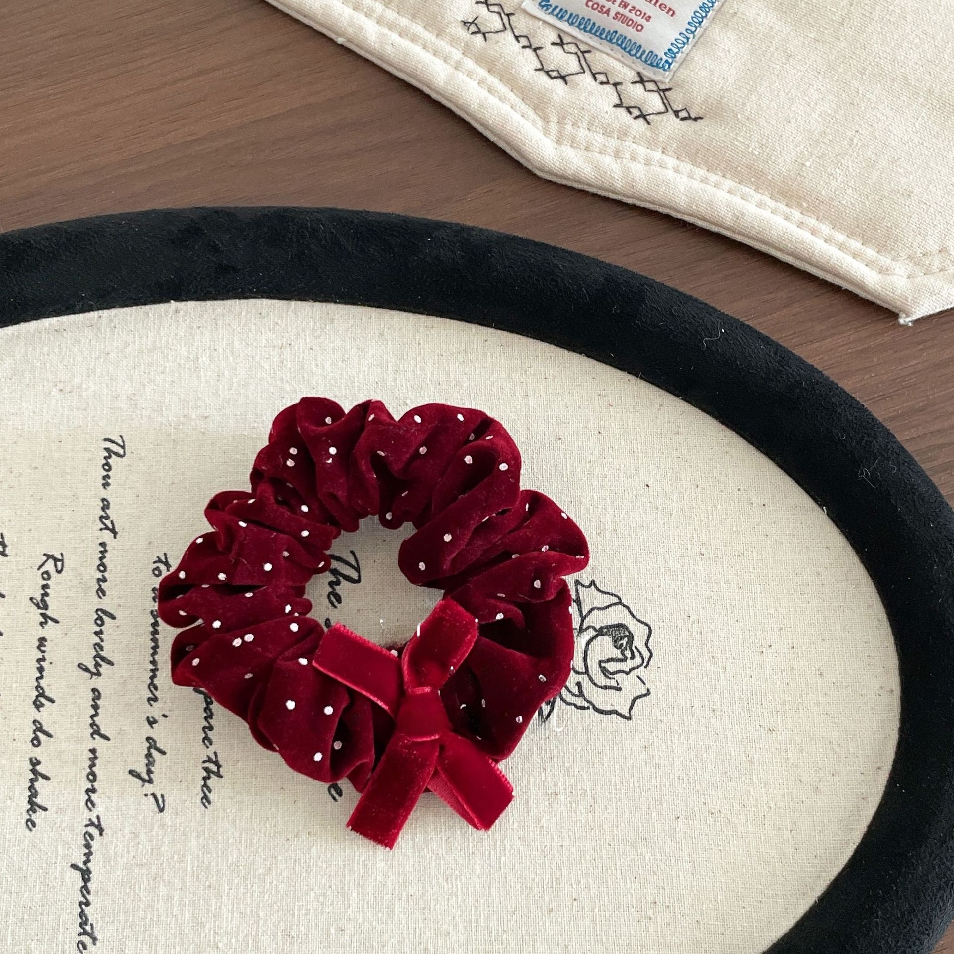 Girls New Year French Flocking Bow Hair Tie Wine Red Polka Dots