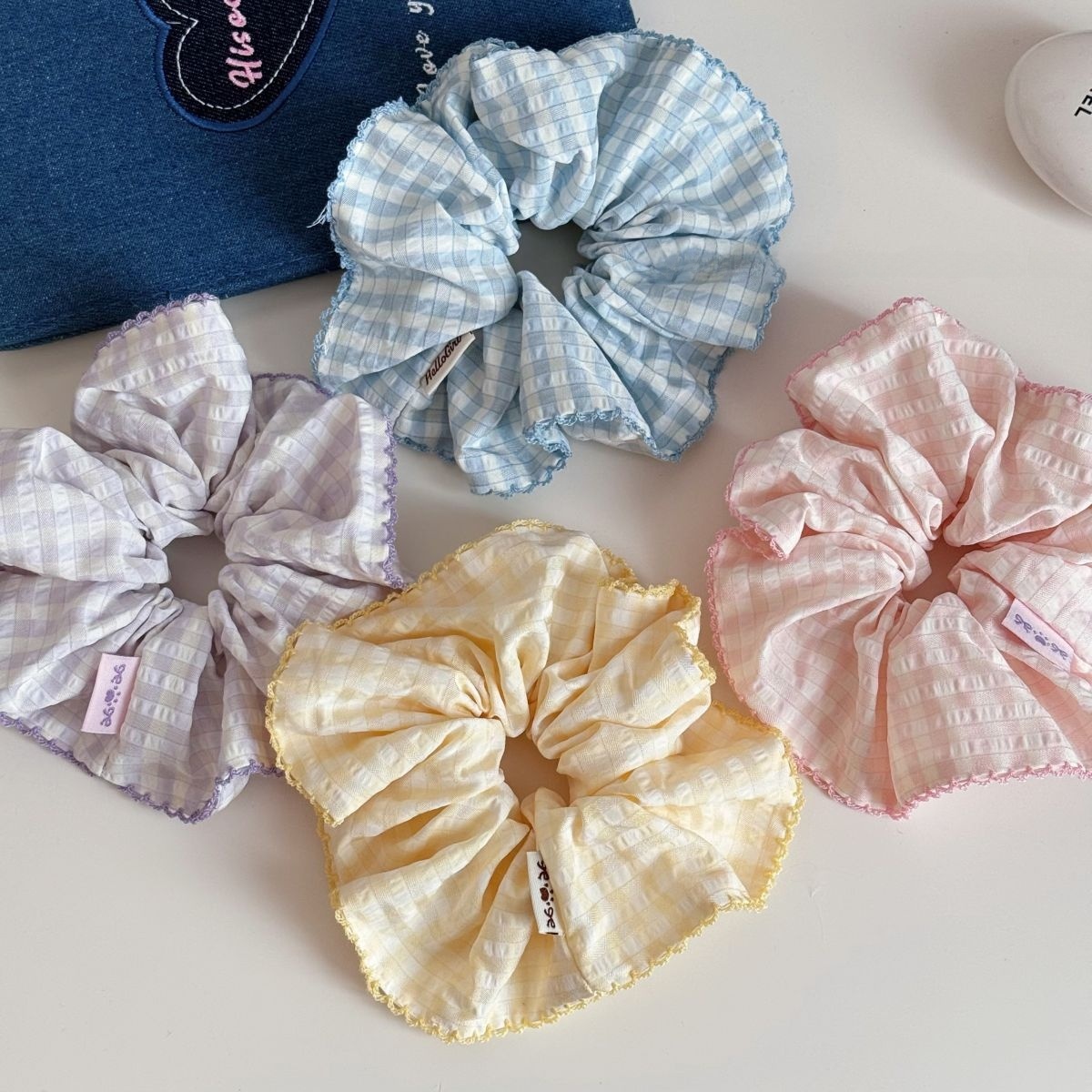 Women's Spring Cloth Bubble Braid Hair Rope Accessory Yellow Plaid