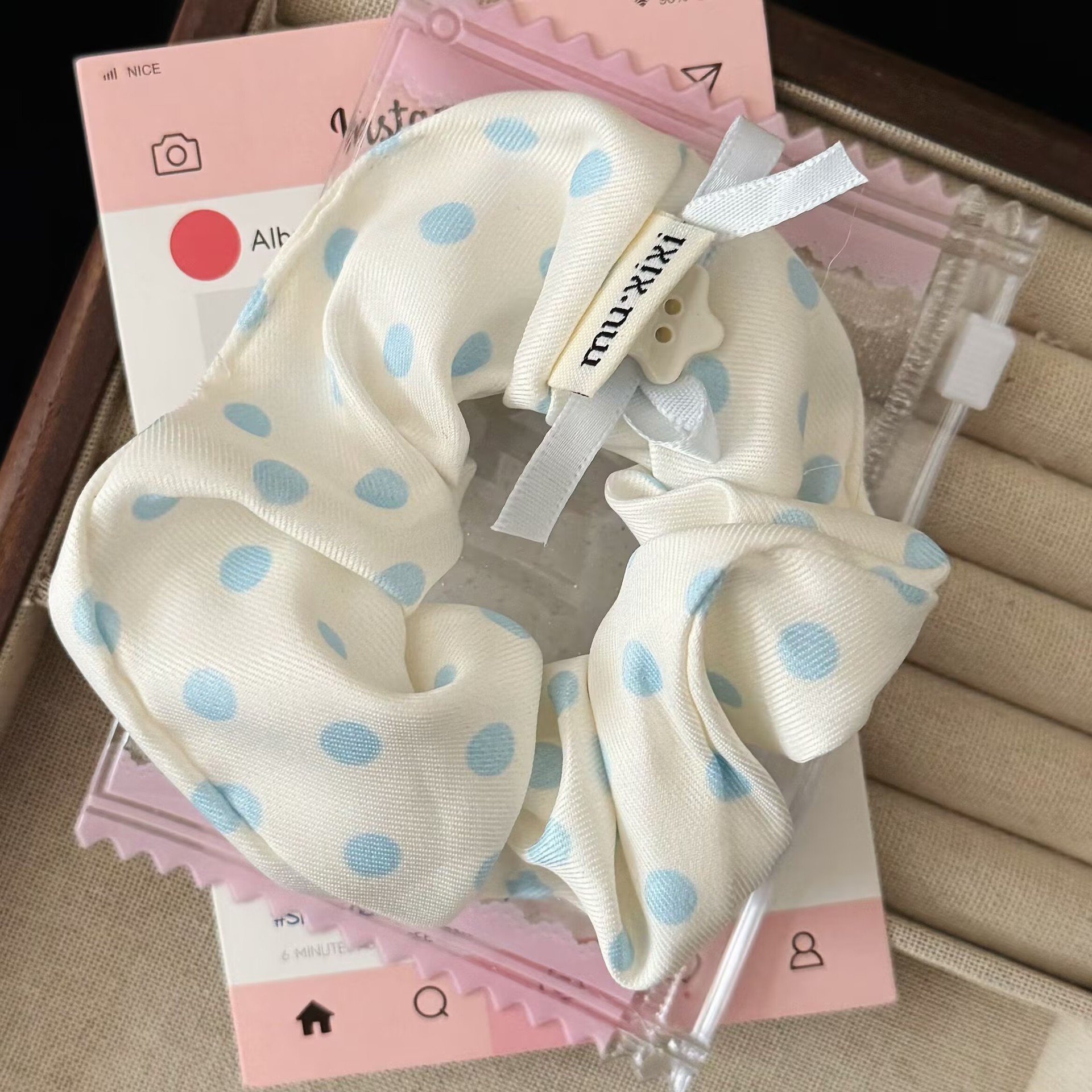 Women Sweet Cloth Scrunchie Summer Fresh Blue Polka Dot Star