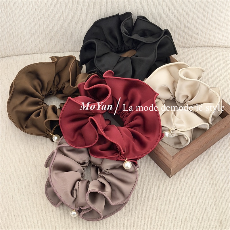 Women's Elegant Double-Layer Satin Flower Bow Hair Tie with Pearl Hanging Detail