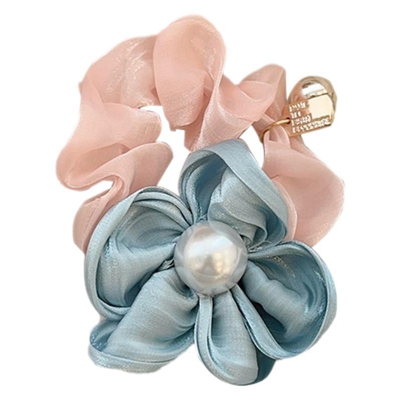 Women's Retro Satin Pearl Elastic Ponytail Holder Summer Floral Hairband