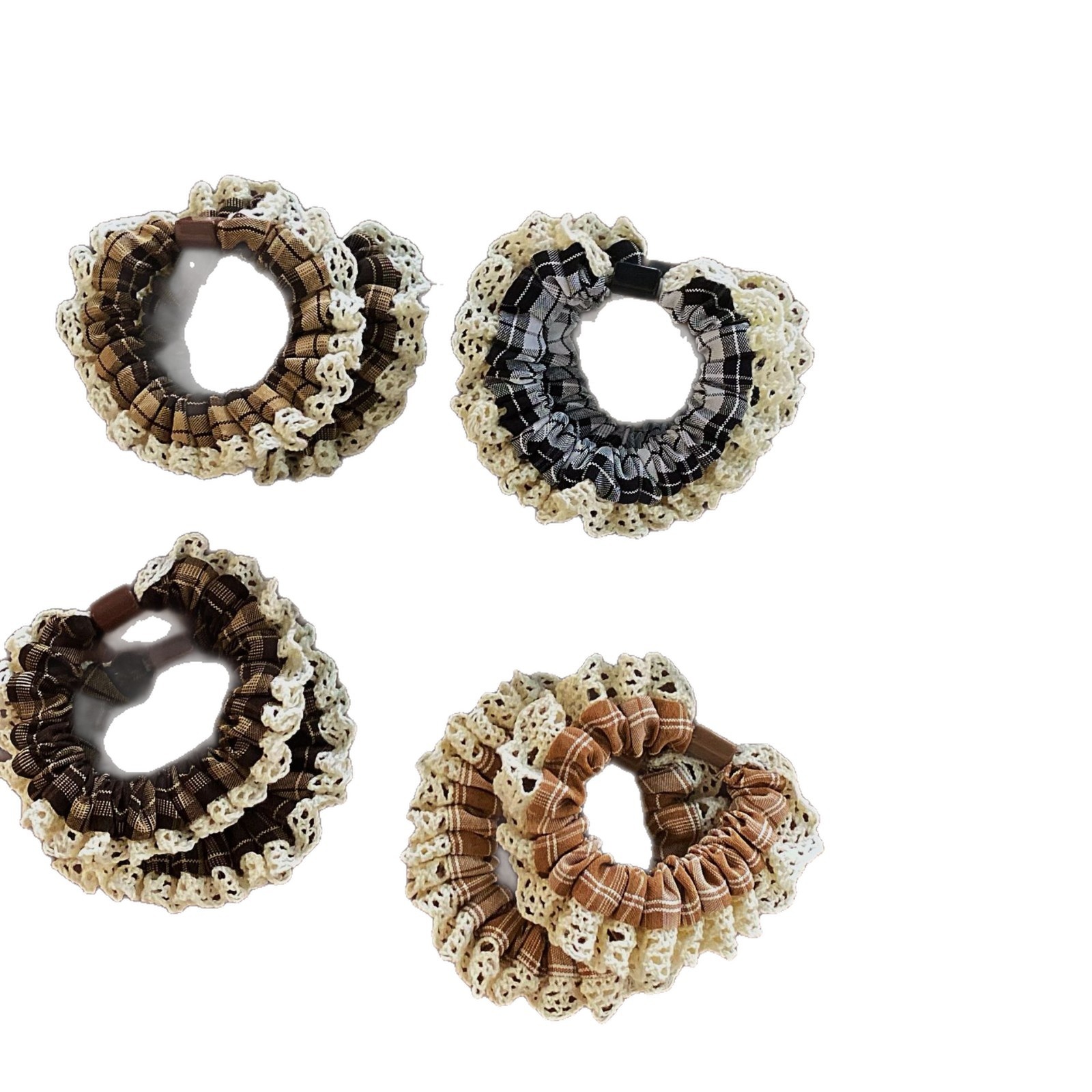 Women's High Elastic Cloth Hair Ties Autumn Winter Plaid Lace Trim