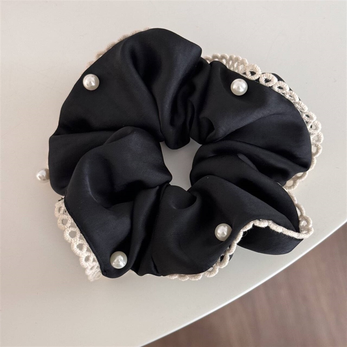 Women's Satin Pearl Lace Bow Elastic Hair Tie For Low Ponytail Solid Color