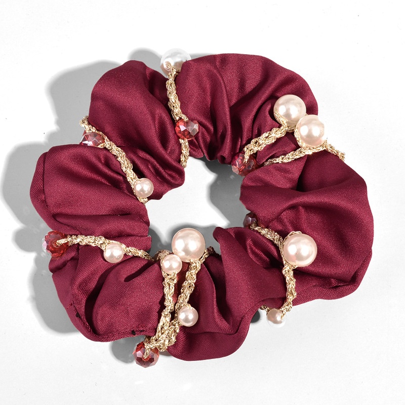 Women's Dual-Use Pearl Crystal Cloth Hair Tie Bracelet Solid Beige Black