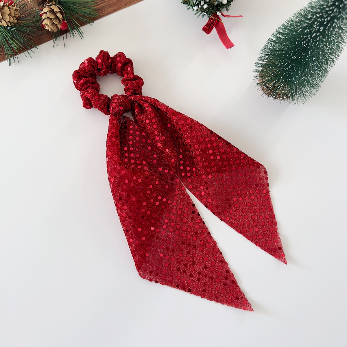 Women's Sweet Party Mesh Bowknot Ponytail Holder Hair Tie Sequin Polka Dot