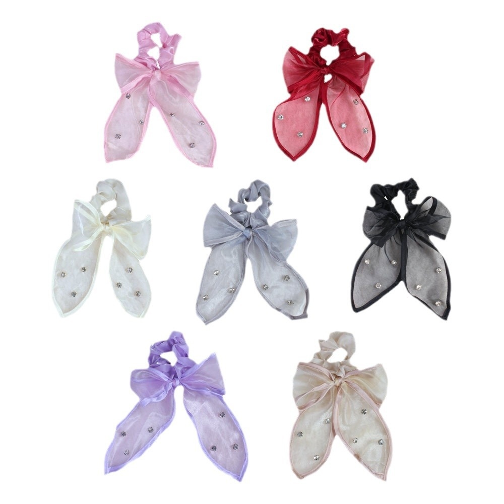 Women's Summer Fairy Gauze Rhinestone Ponytail Hair Tie Wine Red Bowknot