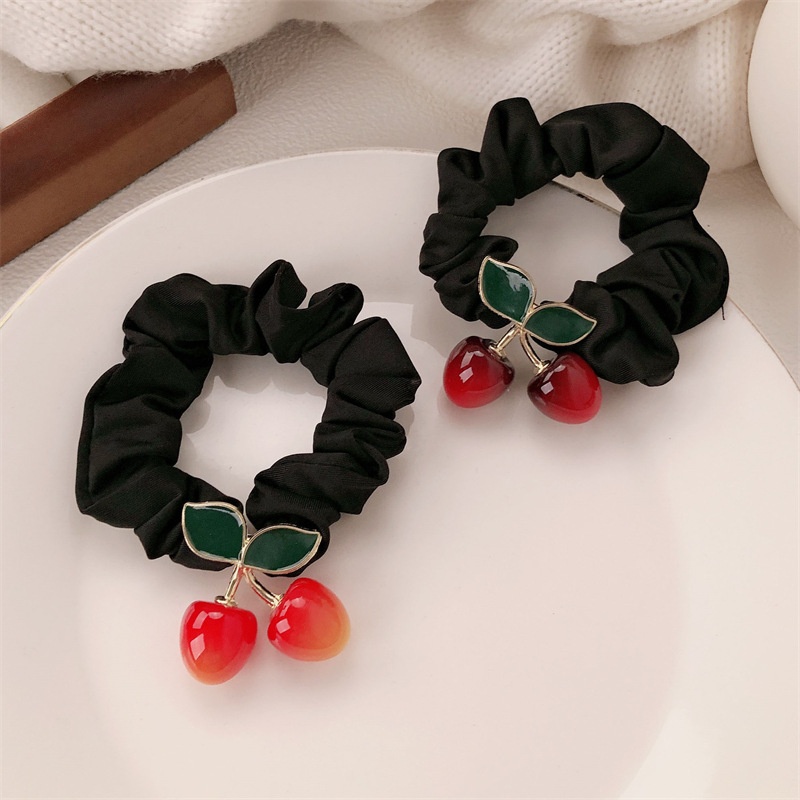 Women's Handmade Retro Cherry Alloy Elastic Ponytail Hair Band Maroon