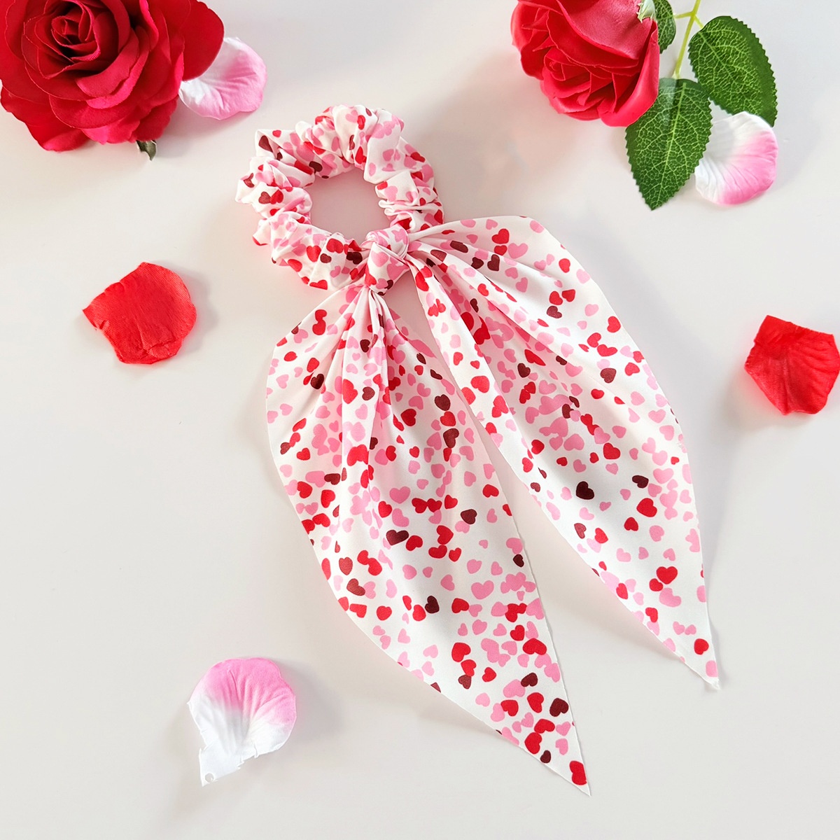 Women's Fabric Bow Hair Tie Ponytail Holder Valentine Heart Lip Print