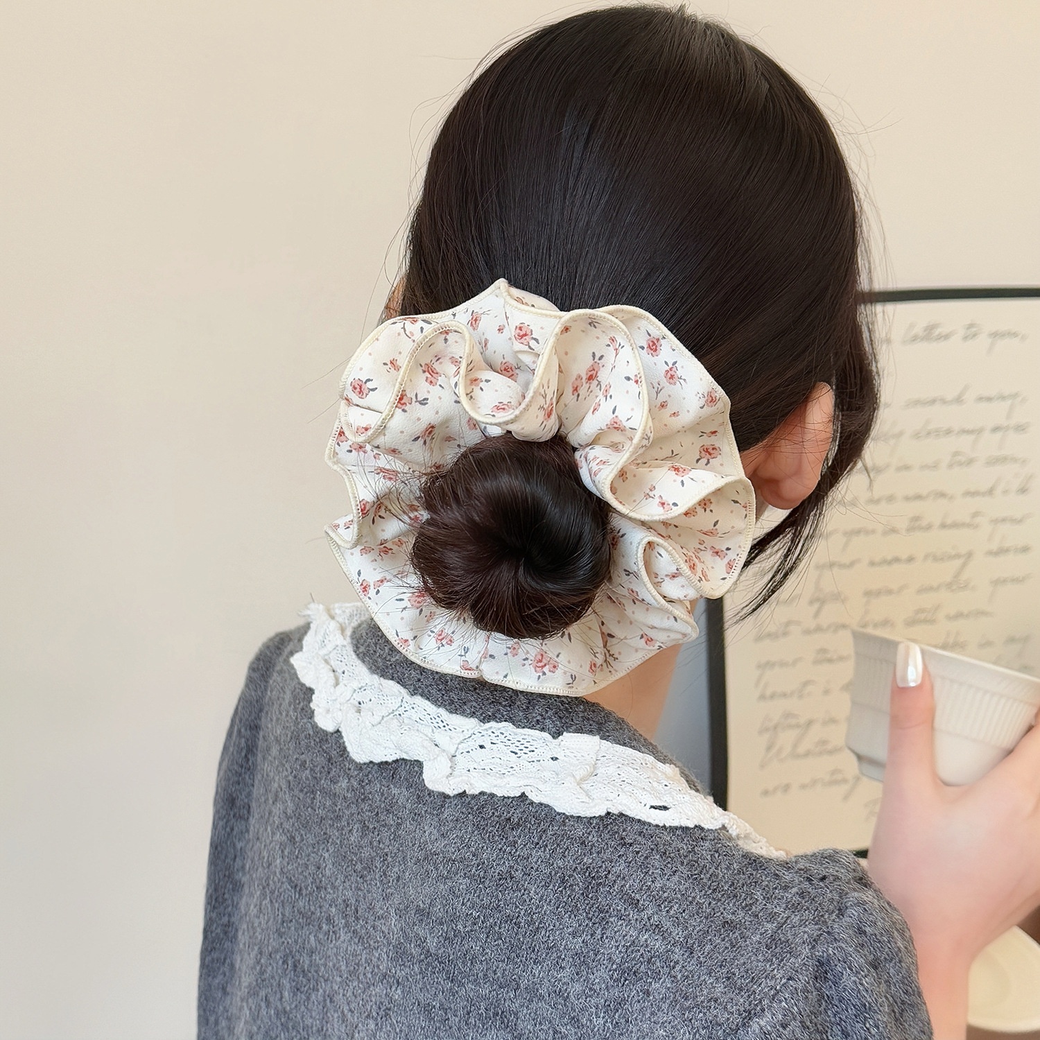 Women's Spring Summer Cloth Hair Tie Accessory Black Ditsy Floral