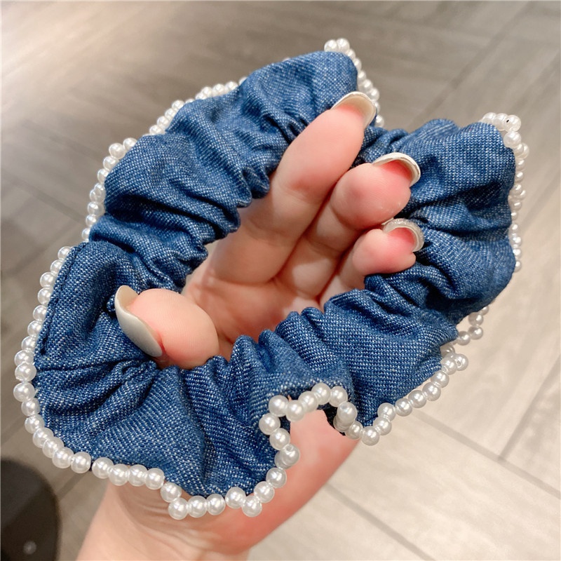 Women's Elegant Ponytail Hair Tie Blue Denim Hand Sewn Pearls