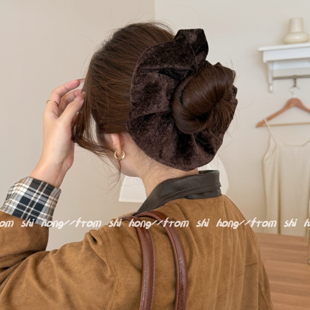 Women's Retro Flannel Hair Tie For Autumn & Winter Solid Black